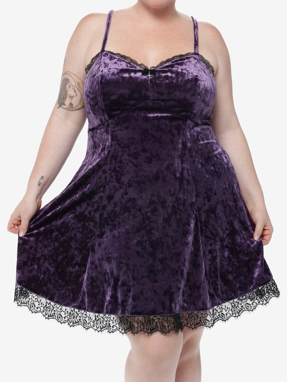 Aura Plus Size Crushed Velvet Chemise with Black Lace - Purple